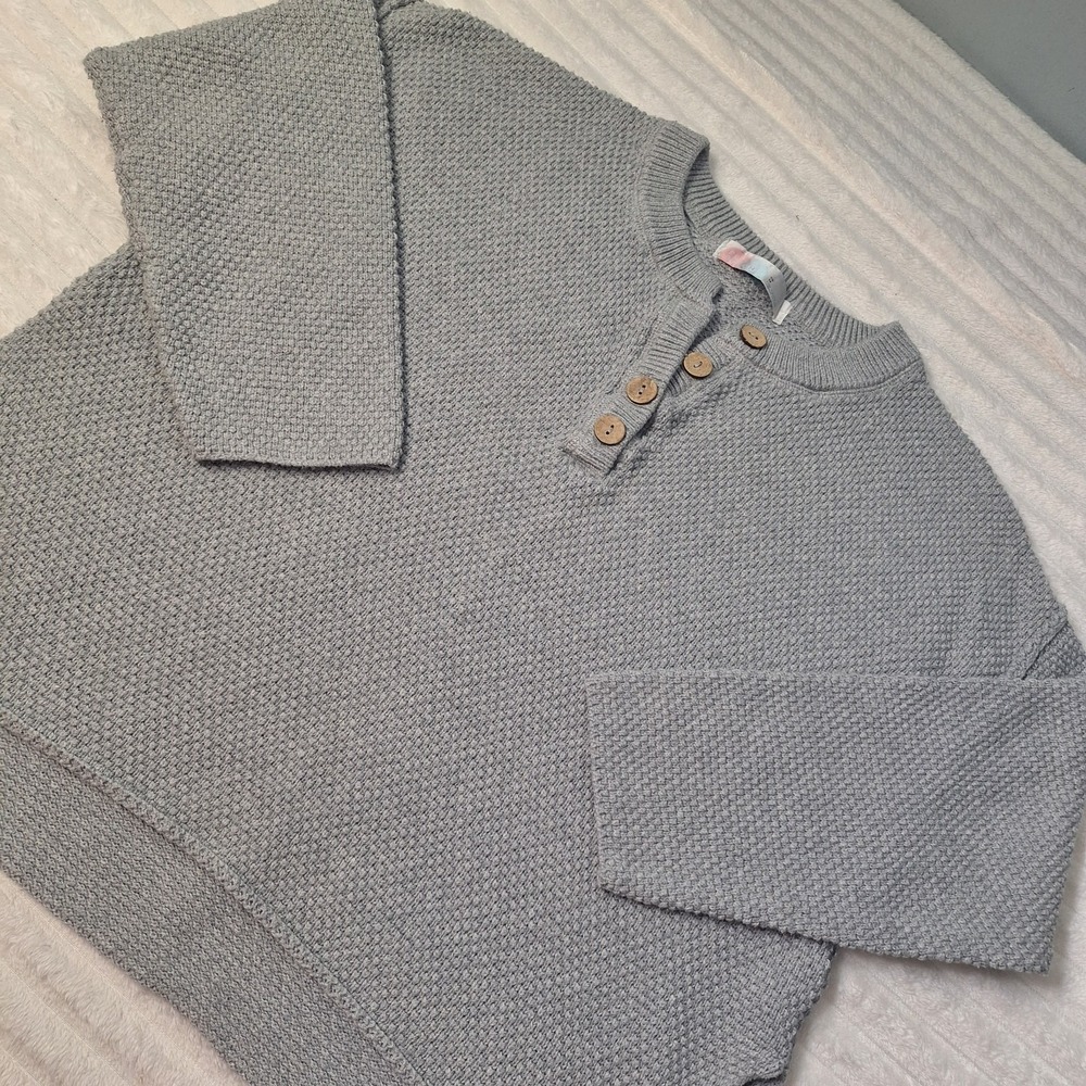 Free People Beach Waffle Knit Button Up Cardigan Sweater Womens XS Gray Boxy...